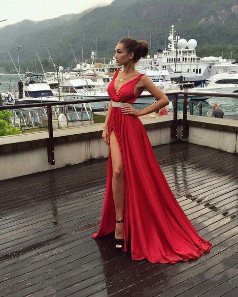 red Prom Dresses,v-neck prom dress,side ...